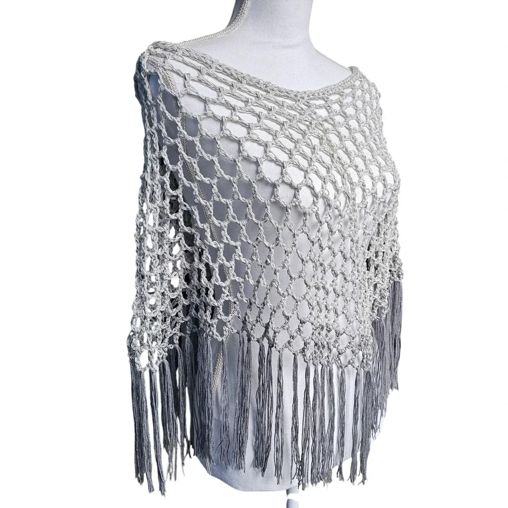 Handmade Crochet Shawl Women Gray Ombre Fringe Cotton Boho Poncho - Picture 3 of 10
